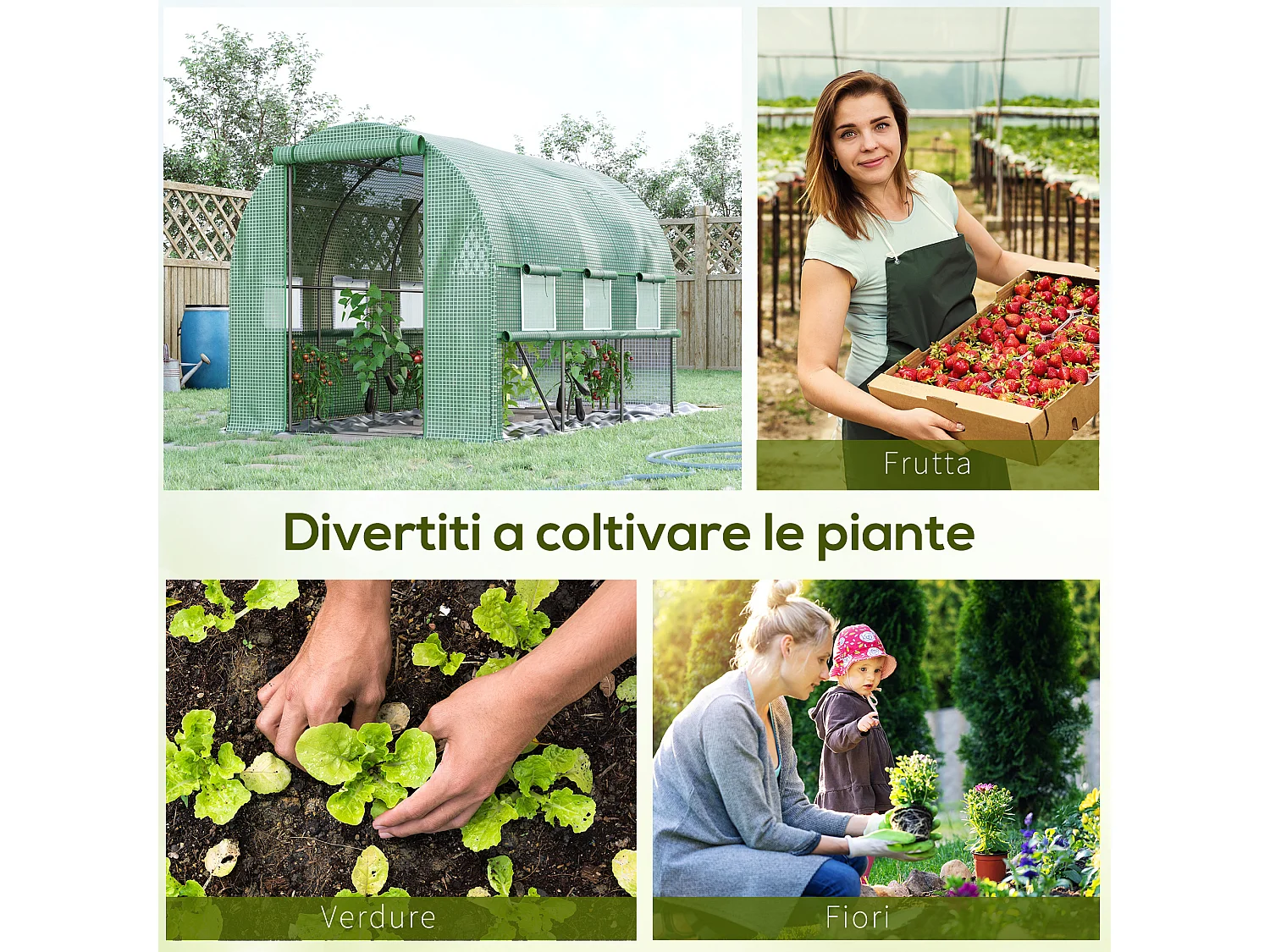 Serra a tunnel in pe e acciaio con porta e 6 finestre 3x2x2 m verde