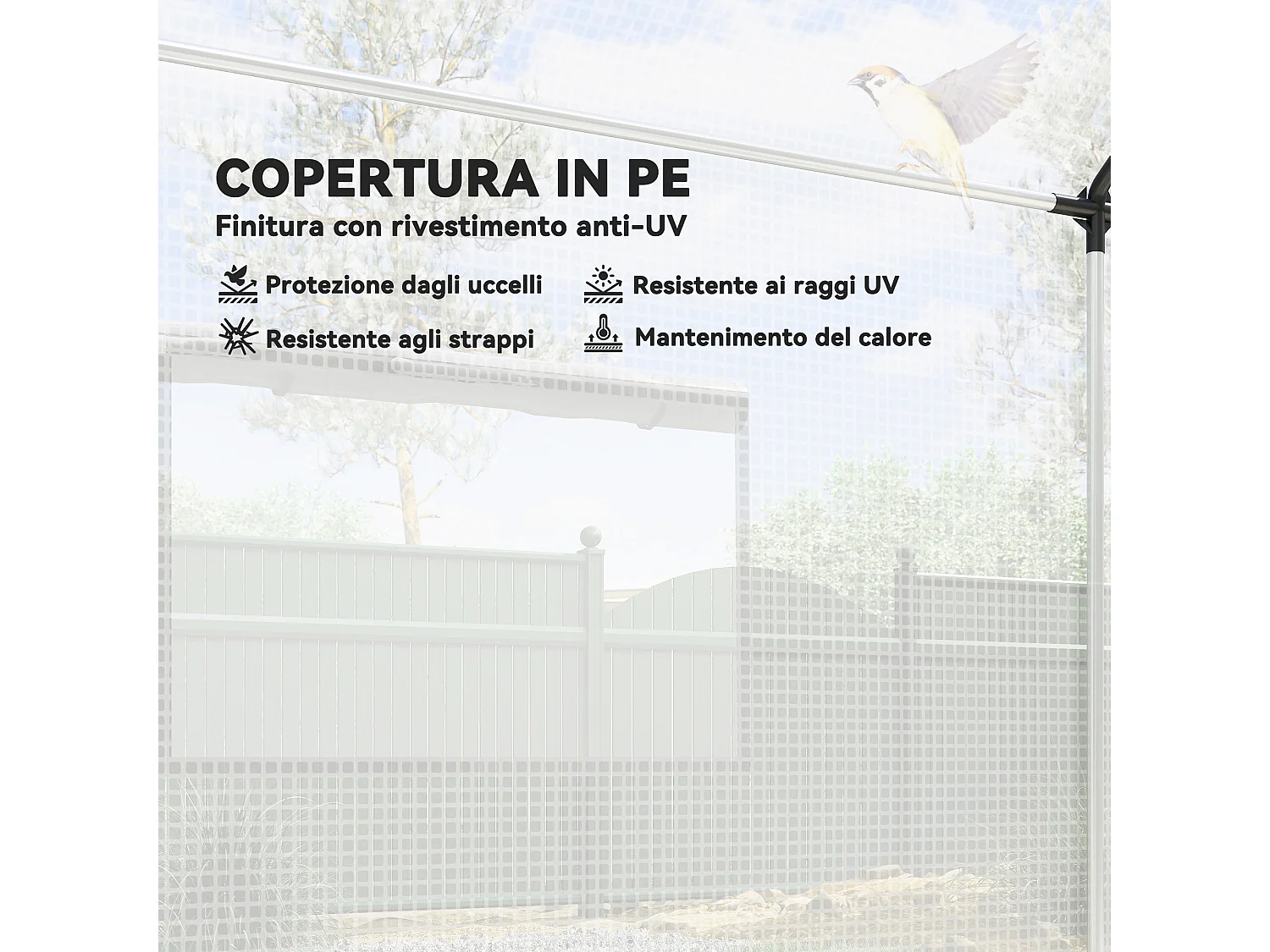 Serra a tunnel 2x3x2 m con tetto a punta in acciaio e pe bianco