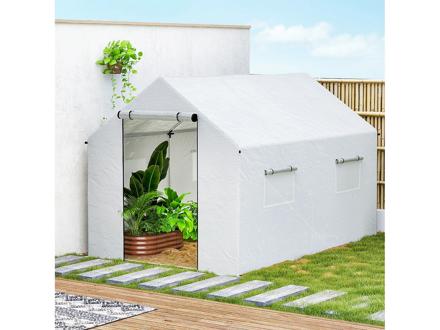 Serra a tunnel 2x3x2 m con tetto a punta in acciaio e pe bianco