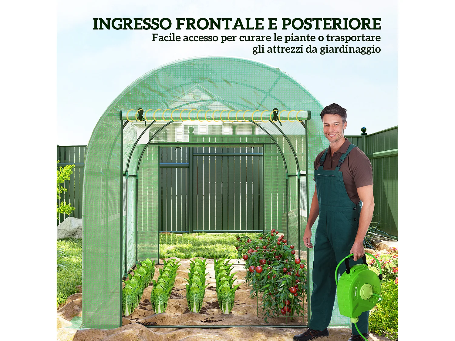 Serra a tunnel per orto 3x2x2 m in acciaio e pe anti uv verde