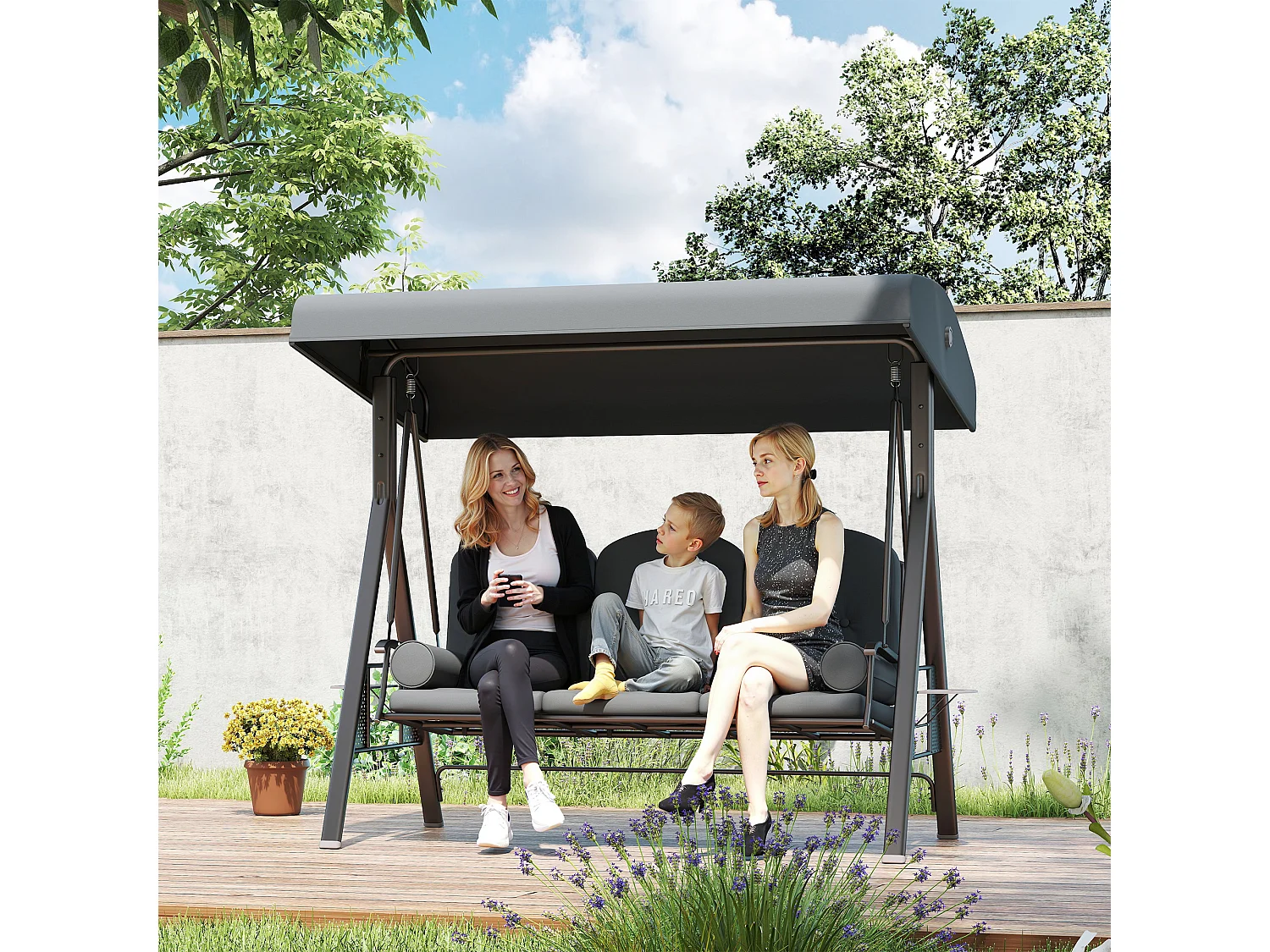 Dondolo 3 posti con tetto regolabile portabicchieri e cuscini grigio