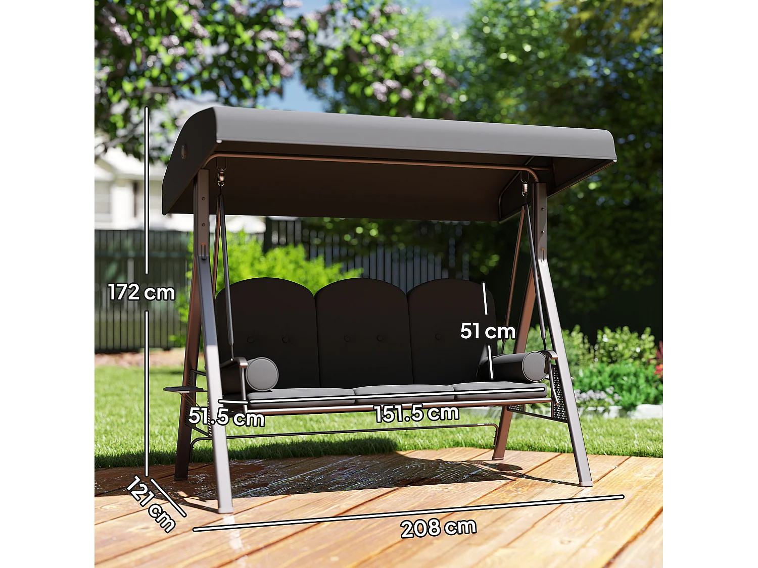 Dondolo 3 posti con tetto regolabile portabicchieri e cuscini grigio