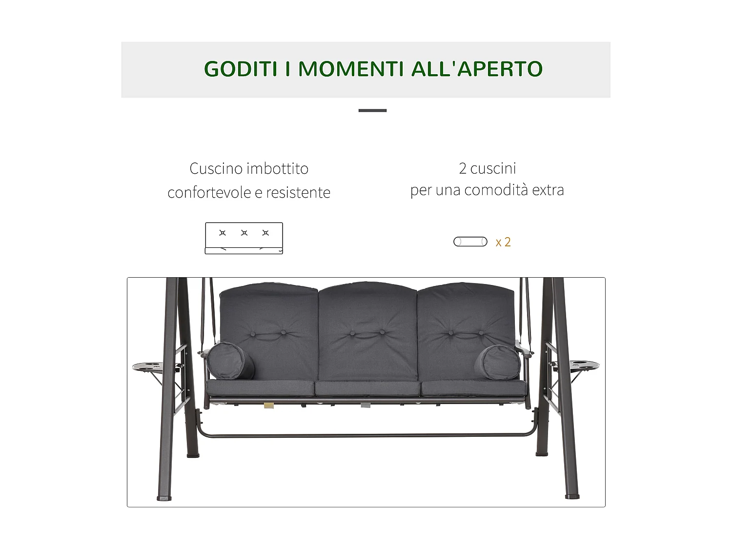 Dondolo 3 posti con tetto regolabile portabicchieri e cuscini grigio