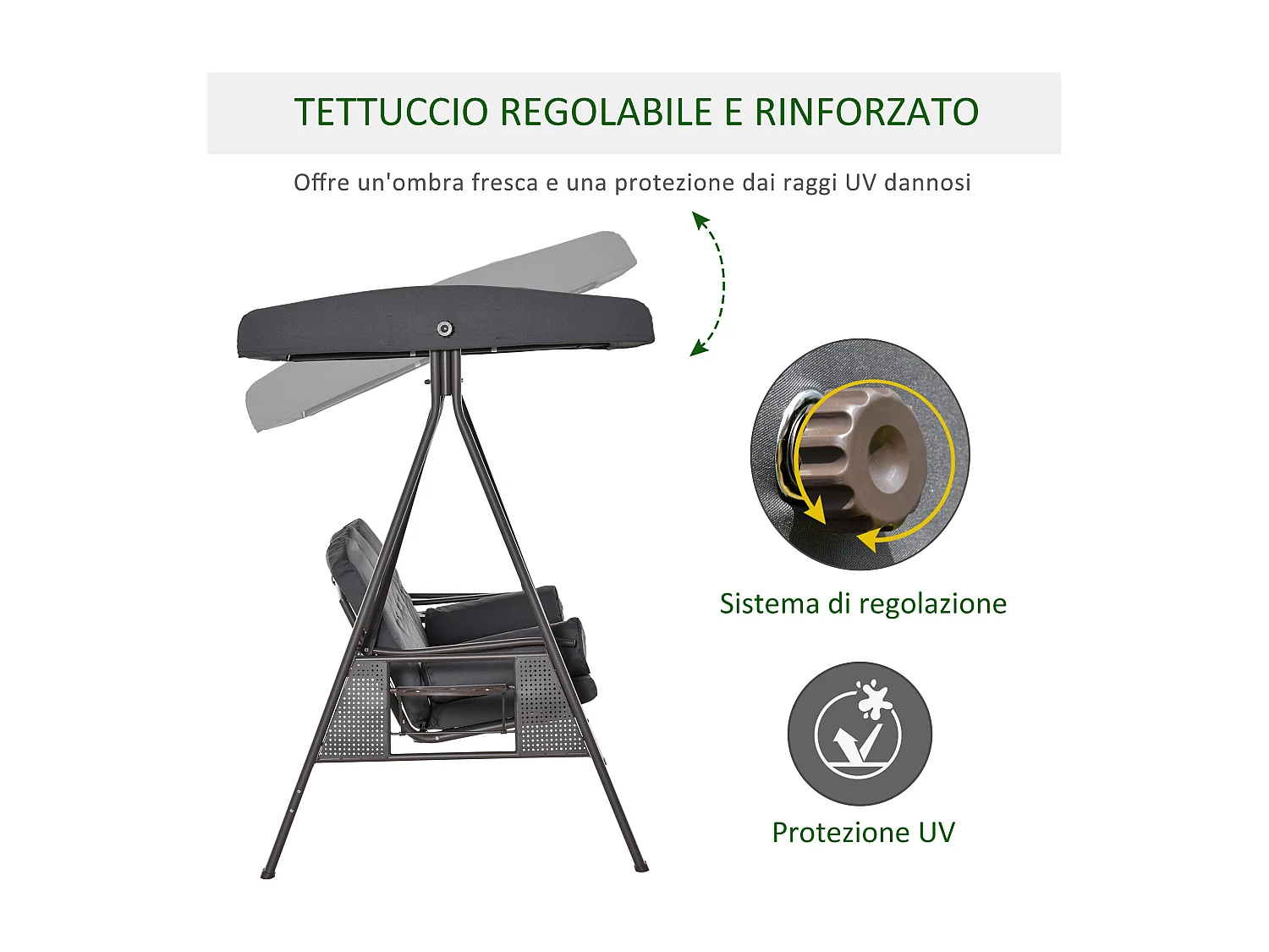 Dondolo 3 posti con tetto regolabile portabicchieri e cuscini grigio