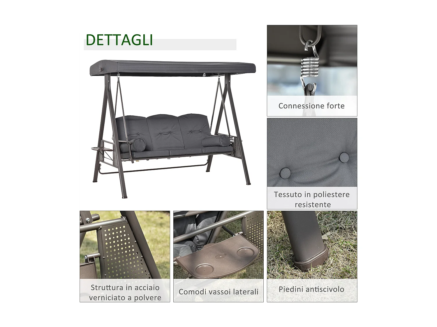 Dondolo 3 posti con tetto regolabile portabicchieri e cuscini grigio