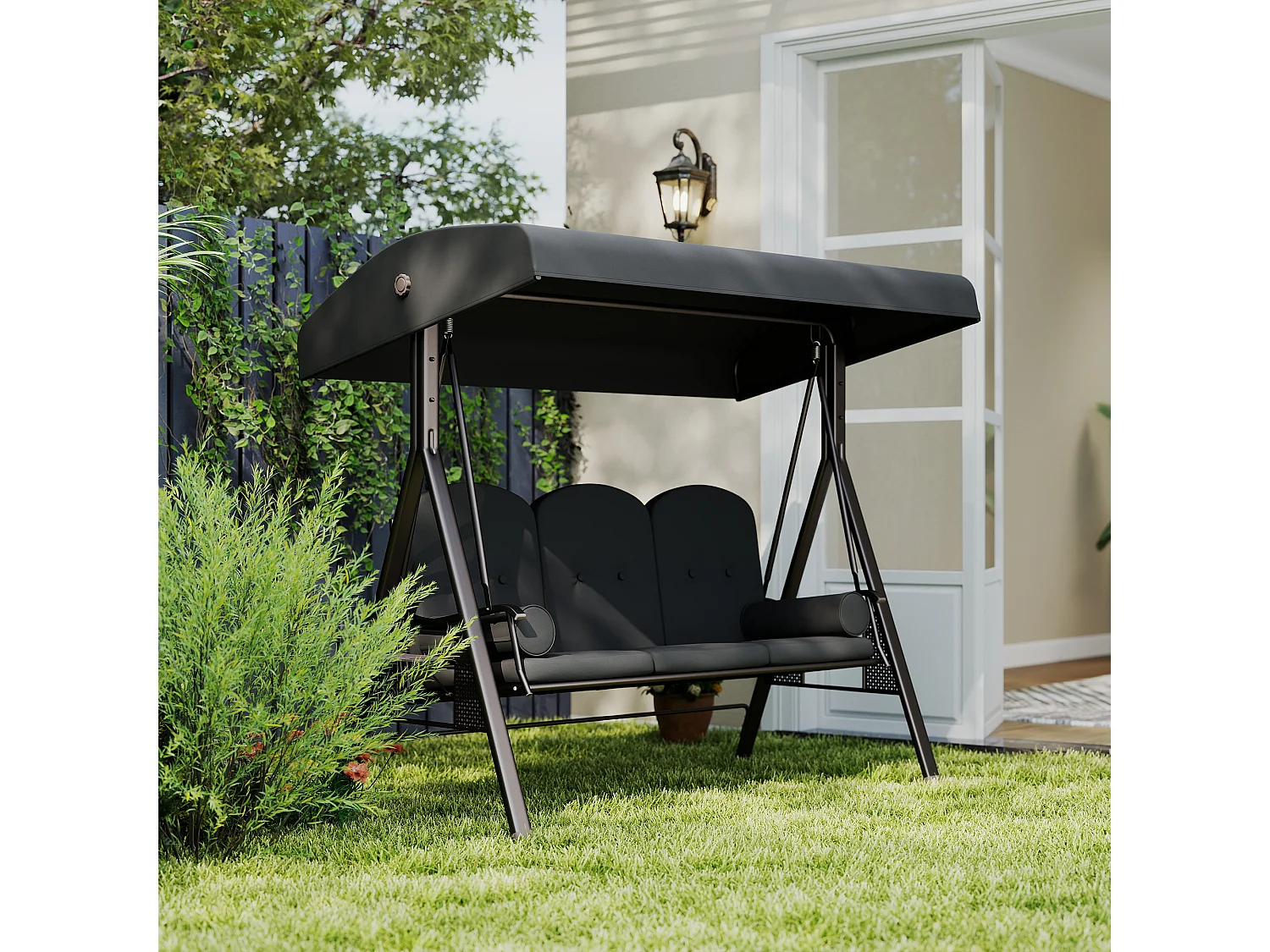 Dondolo 3 posti con tetto regolabile portabicchieri e cuscini grigio