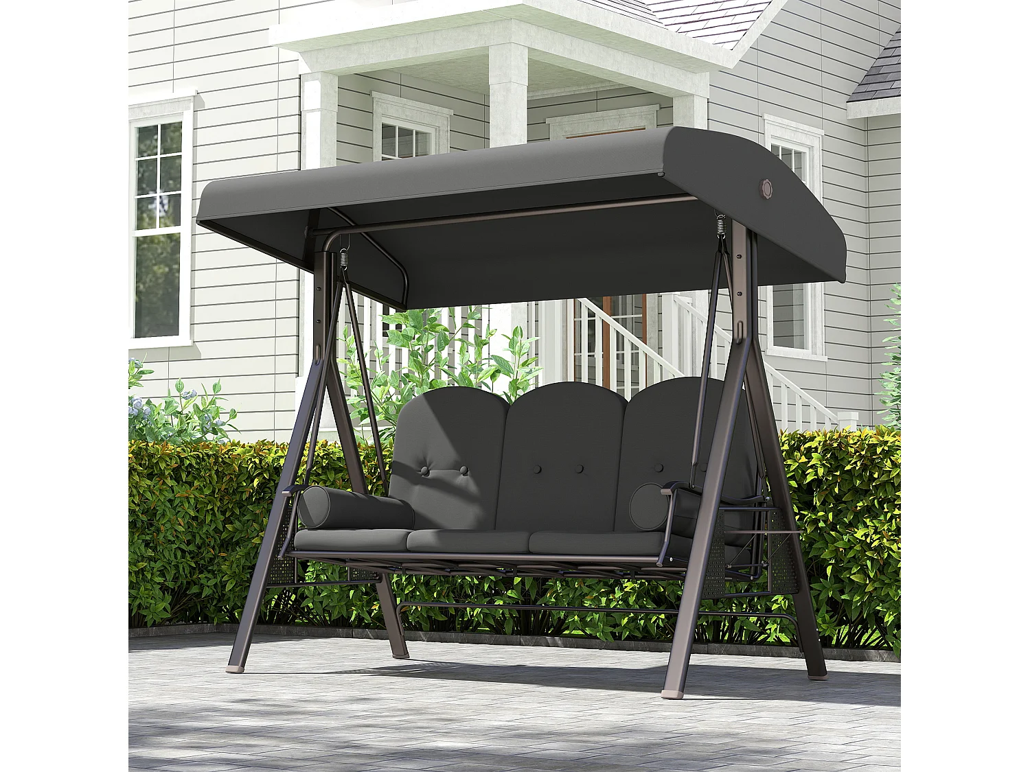 Dondolo 3 posti con tetto regolabile portabicchieri e cuscini grigio