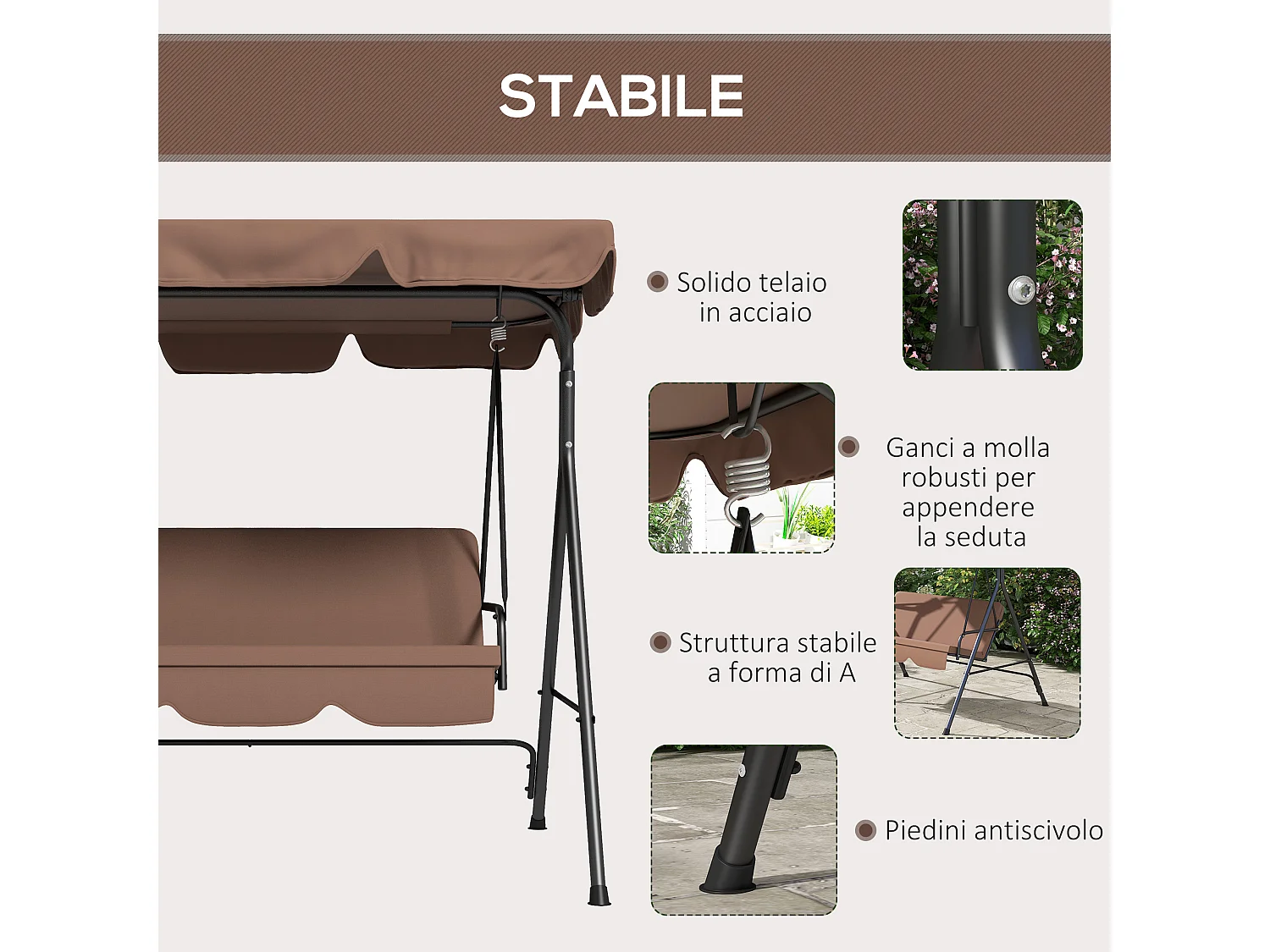 Dondolo 3 posti da giardino con tettuccio e cuscini marrone