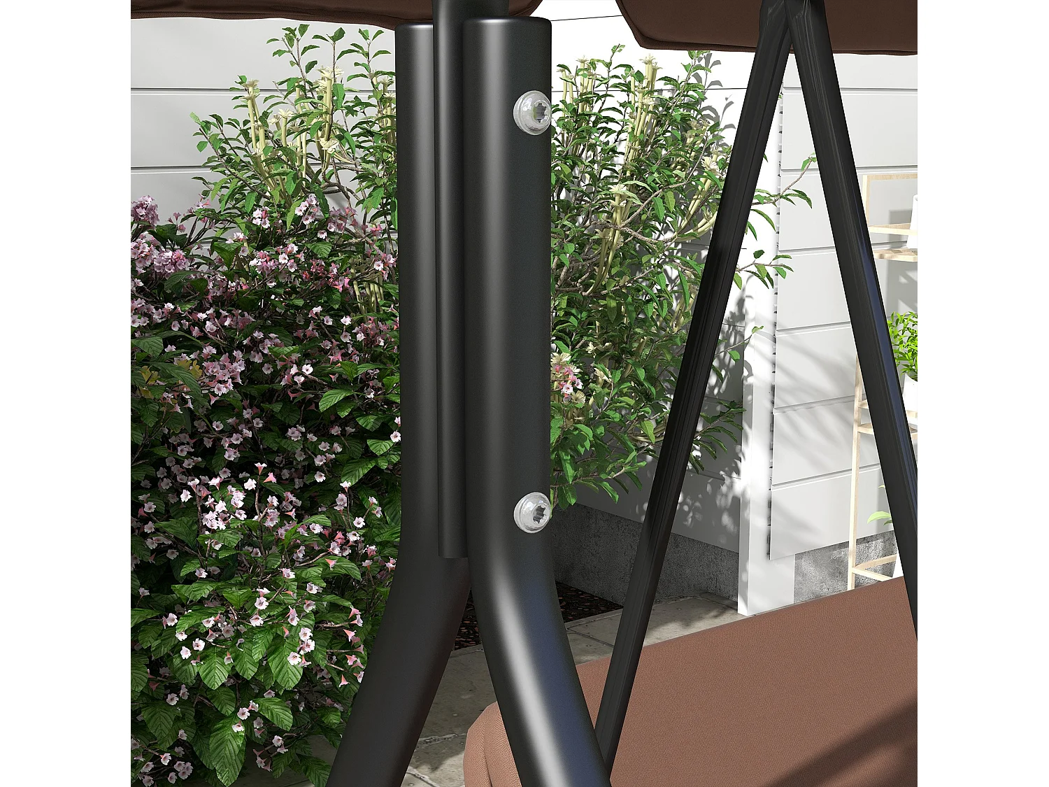 Dondolo 3 posti da giardino con tettuccio e cuscini marrone