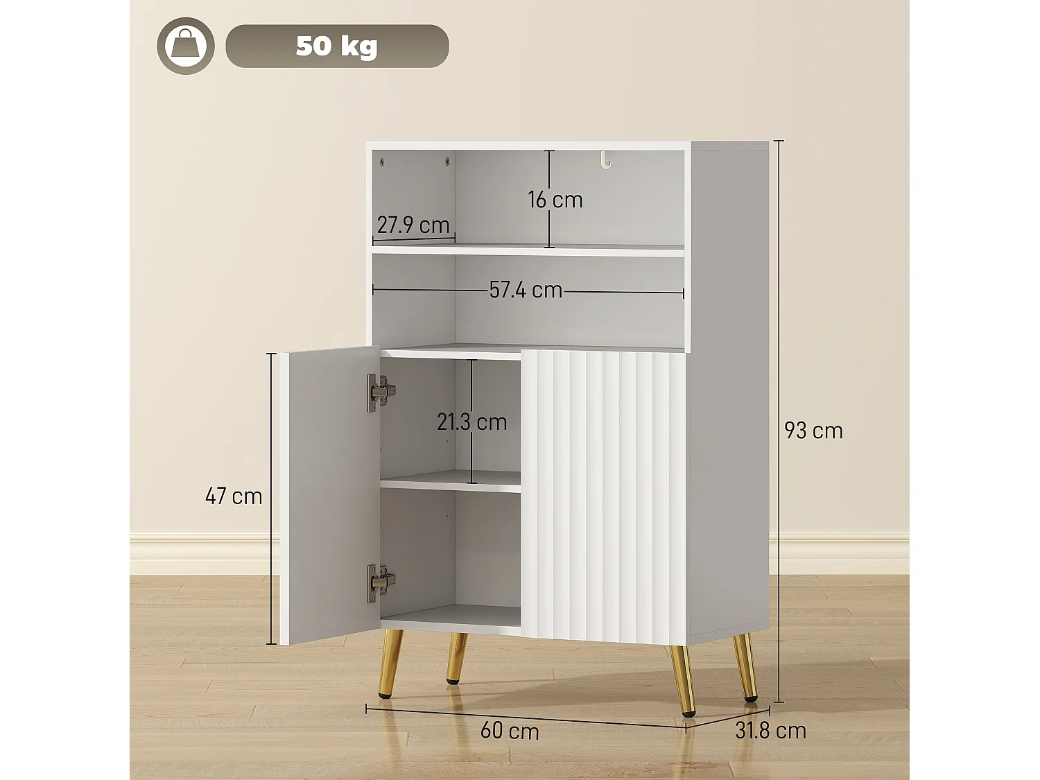 Mobiletto bagno con ripiani aperti e ante ammortizzate bianco