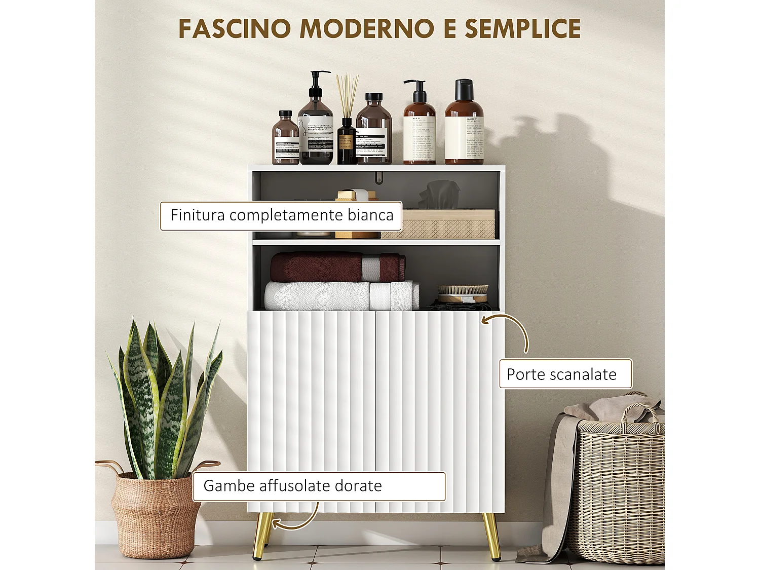 Mobiletto bagno con ripiani aperti e ante ammortizzate bianco