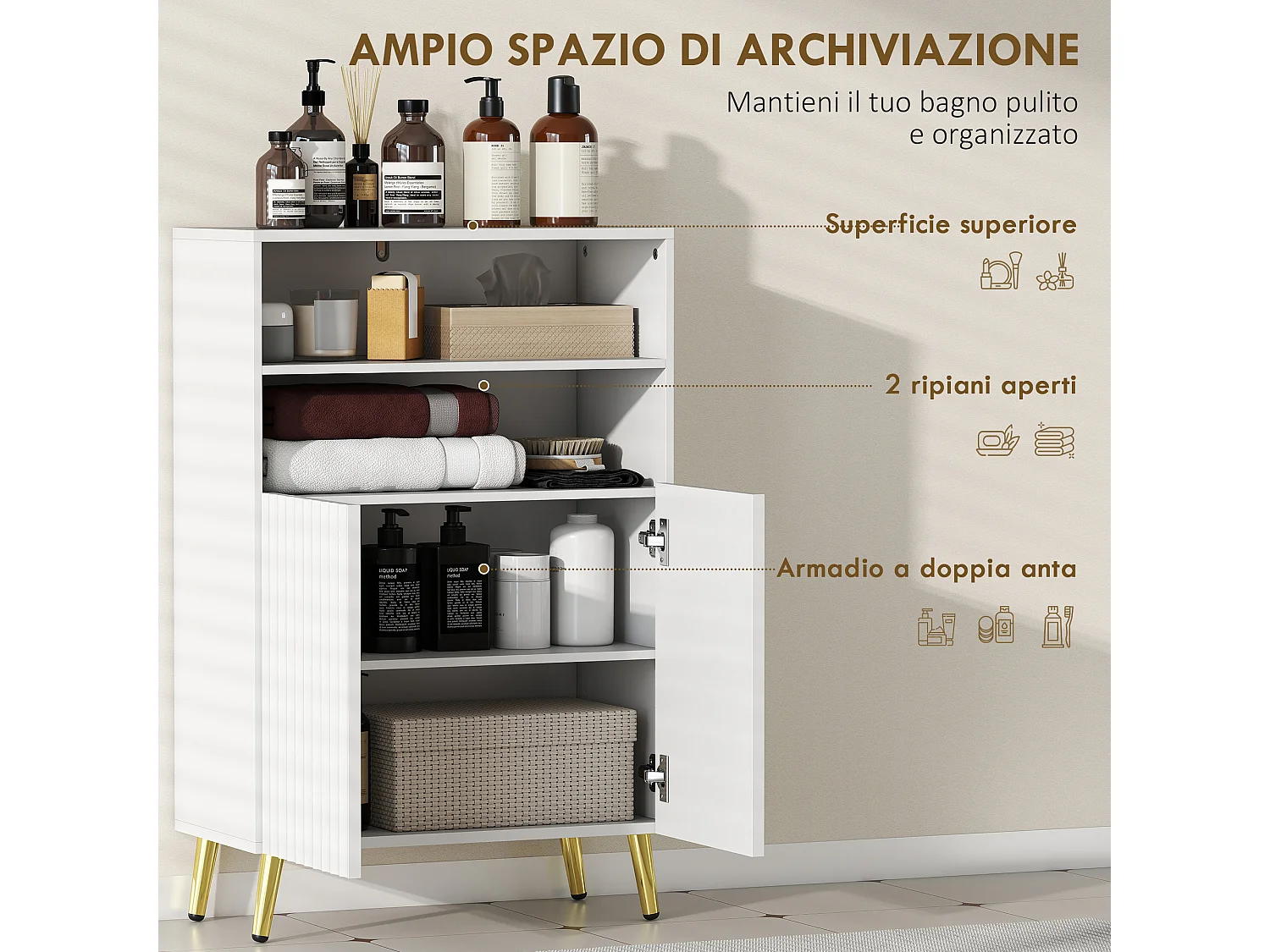 Mobiletto bagno con ripiani aperti e ante ammortizzate bianco