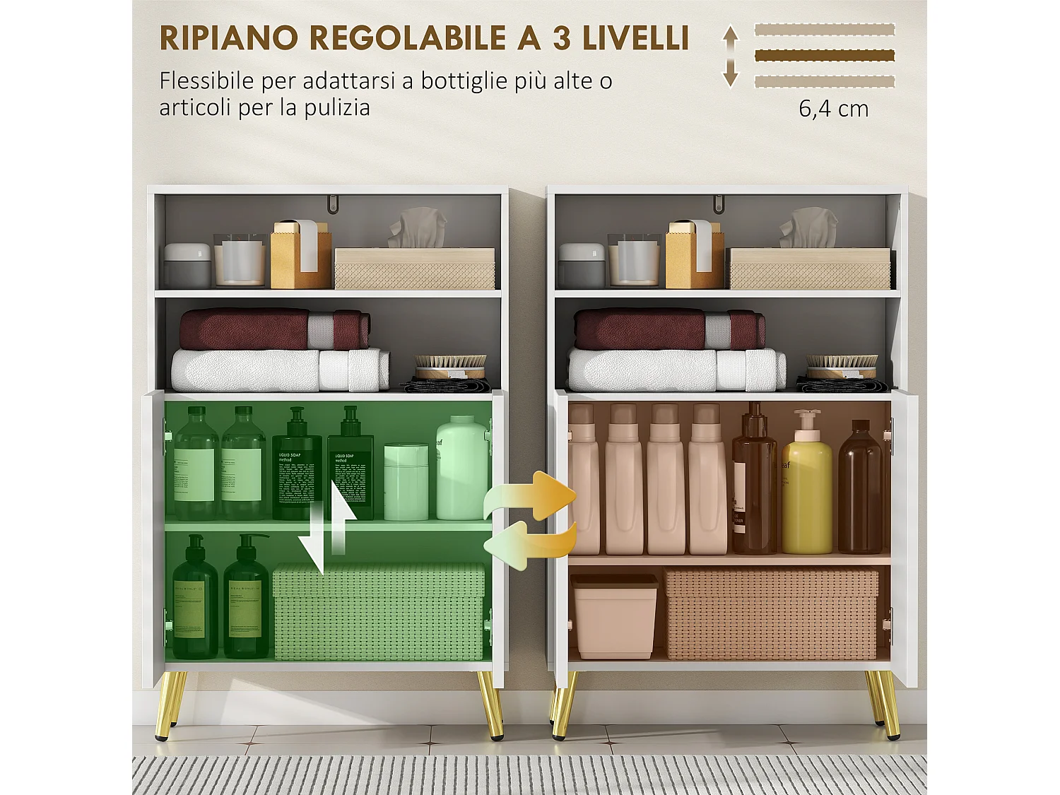 Mobiletto bagno con ripiani aperti e ante ammortizzate bianco