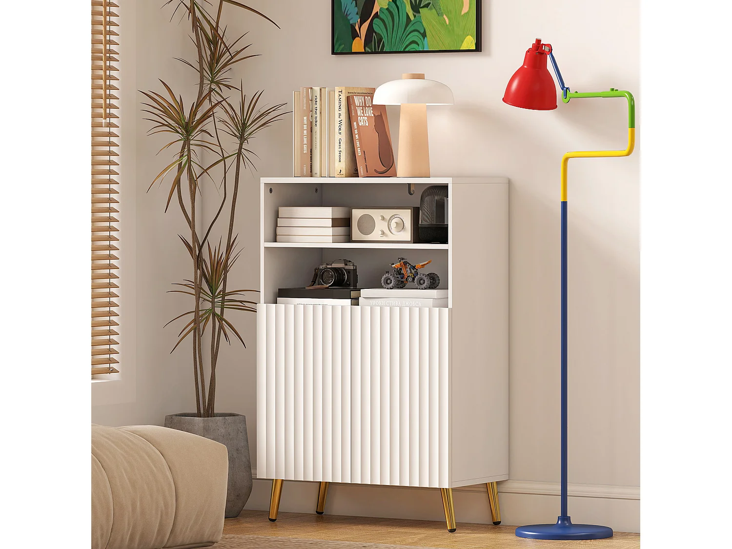 Mobiletto bagno con ripiani aperti e ante ammortizzate bianco