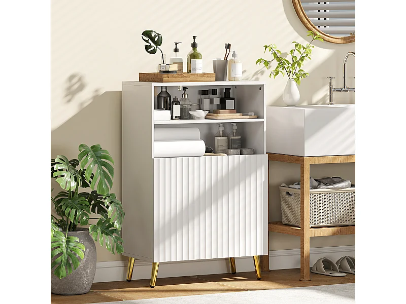 Mobiletto bagno con ripiani aperti e ante ammortizzate bianco