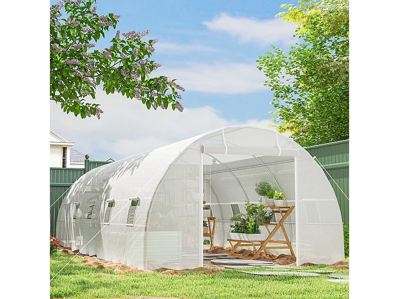 Serra a tunnel 8x3x2 m con rivestimento in plastica e acciaio bianco