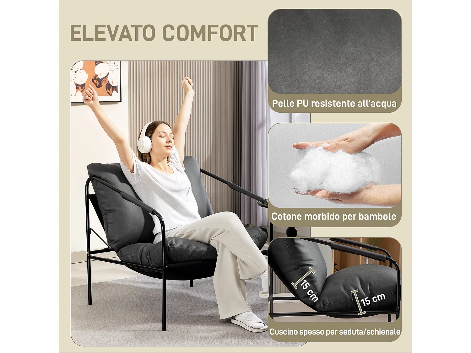 Poltrona da salotto con cuscini spessi in pelle pu e metallo grigio