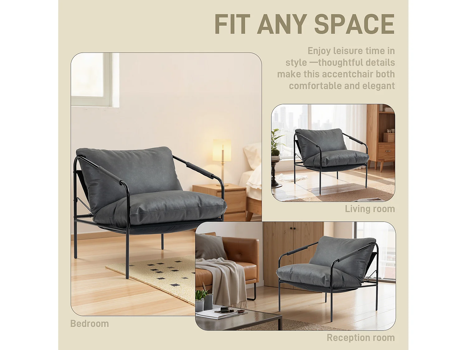 Poltrona da salotto con cuscini spessi in pelle pu e metallo grigio