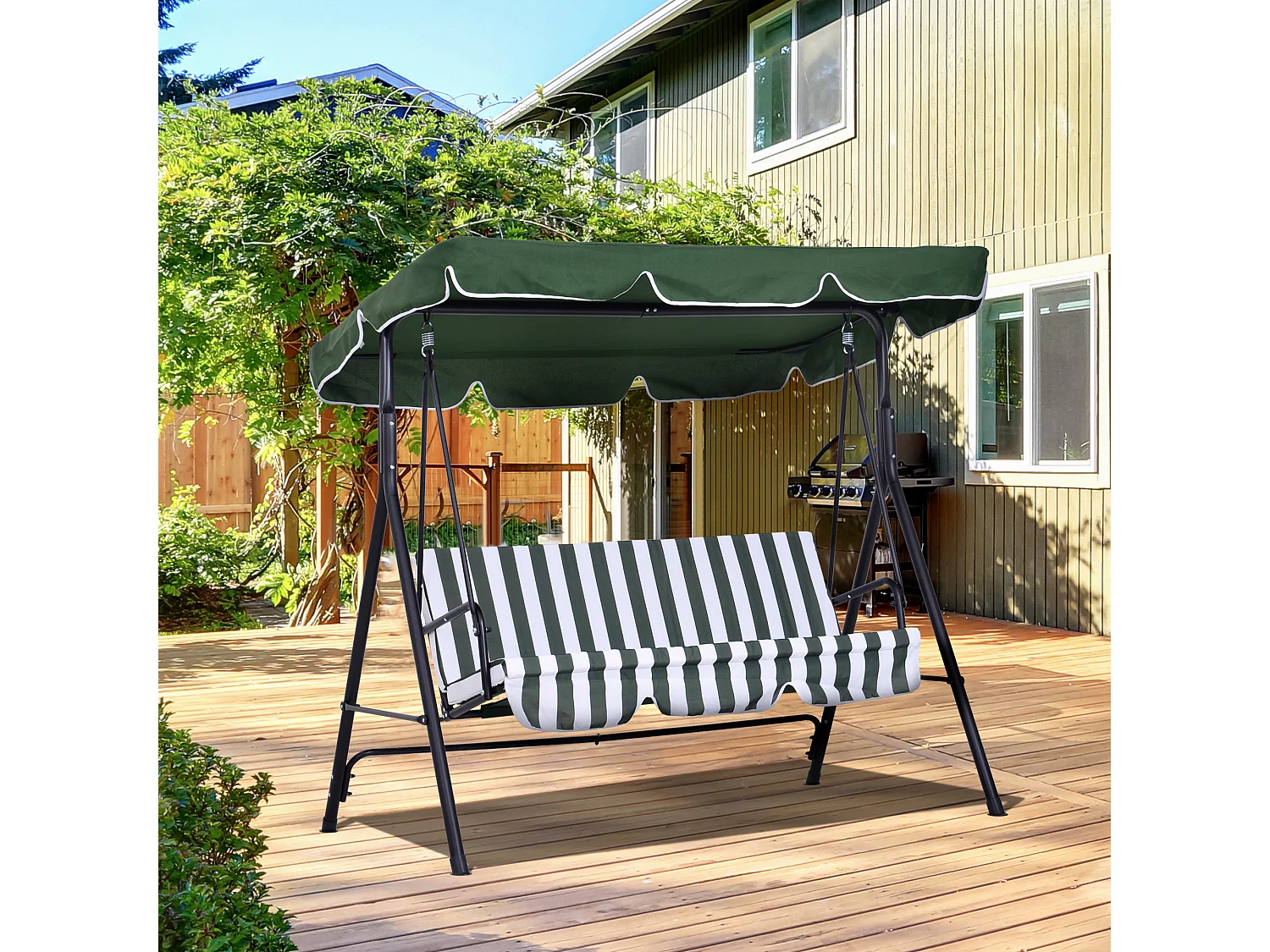 Dondolo 3 posti da giardino con tettuccio e cuscini verde