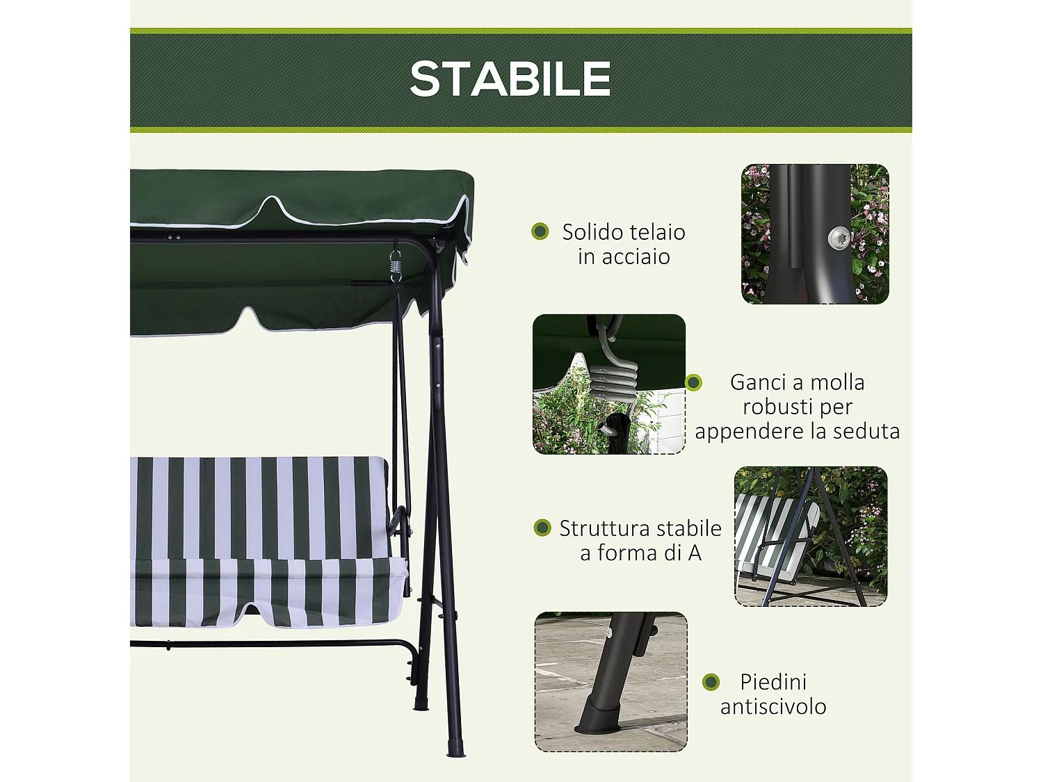 Dondolo 3 posti da giardino con tettuccio e cuscini verde