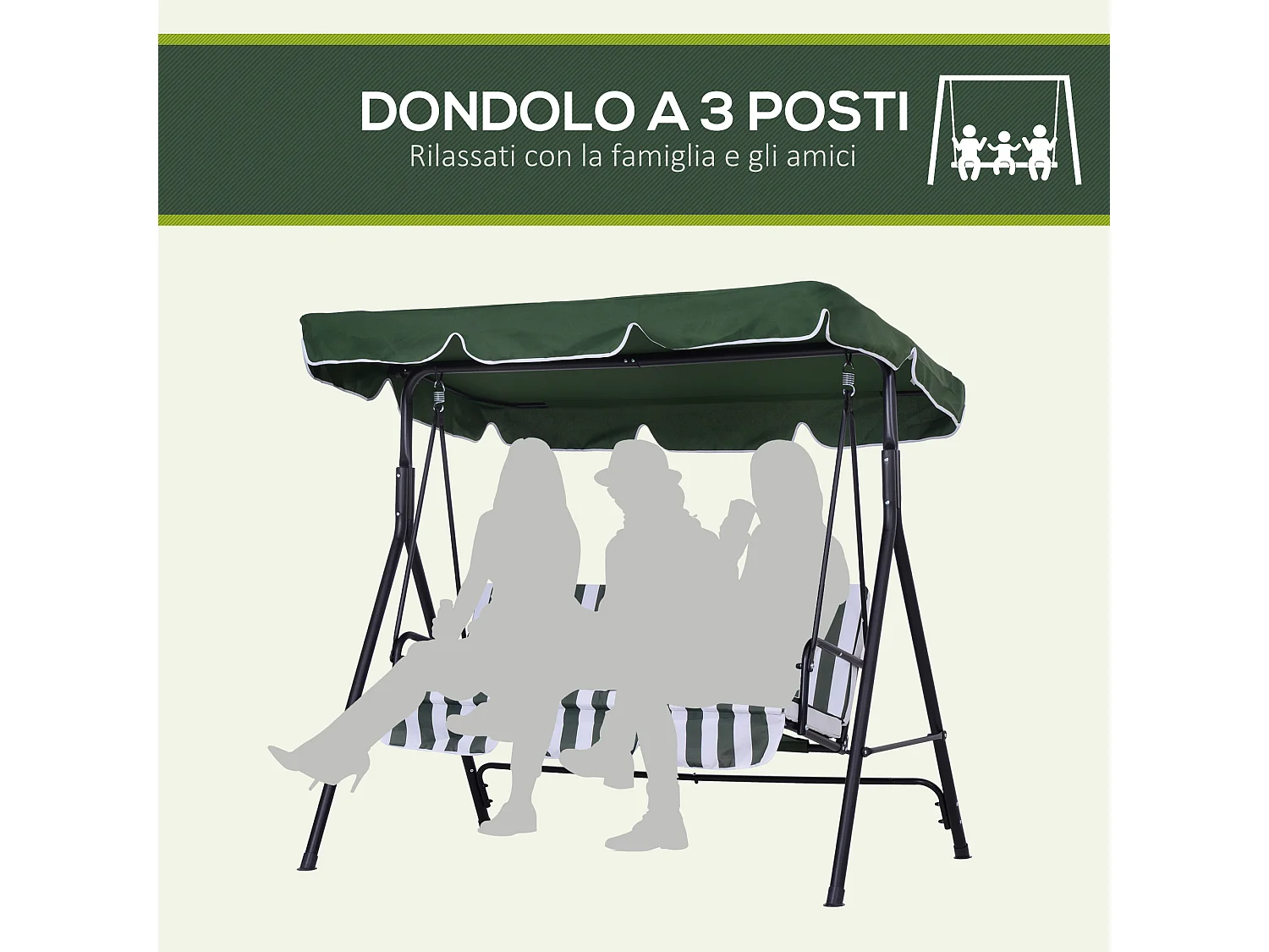 Dondolo 3 posti da giardino con tettuccio e cuscini verde
