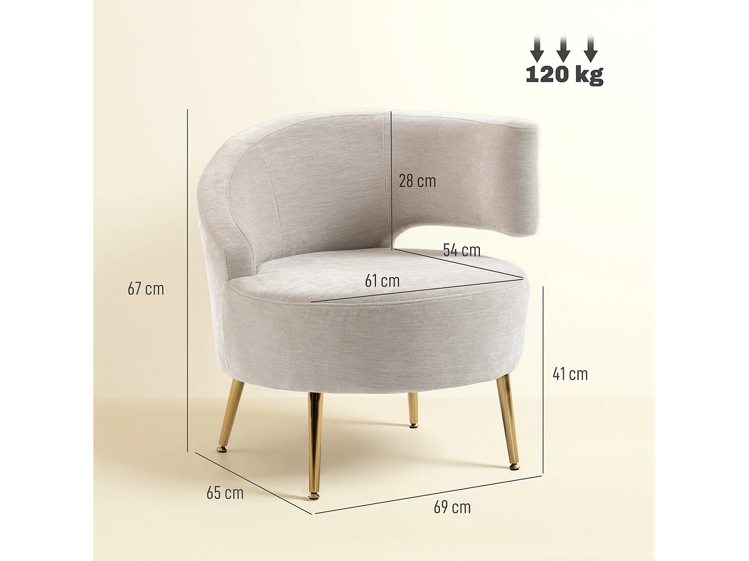 Sedia moderna con schienale ad arco rivestita in chenille bianco crema