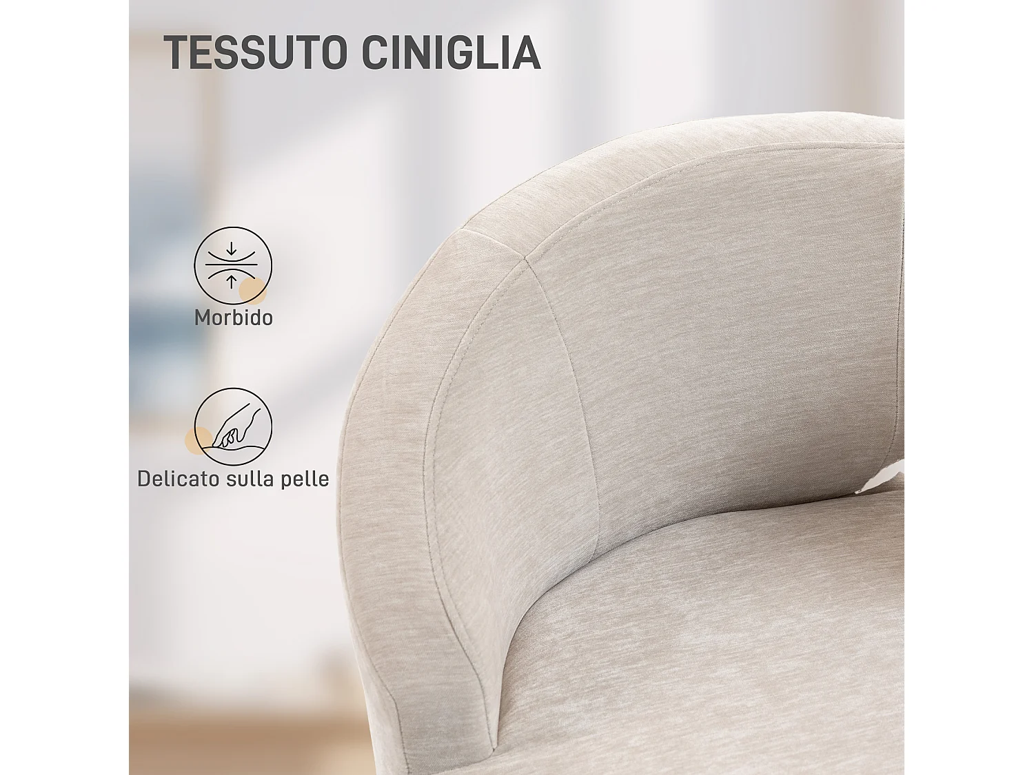 Sedia moderna con schienale ad arco rivestita in chenille bianco crema