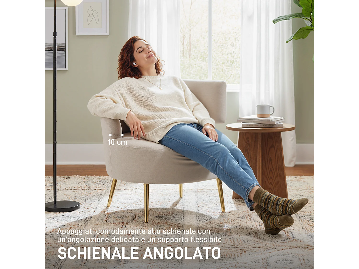 Sedia moderna con schienale ad arco rivestita in chenille bianco crema