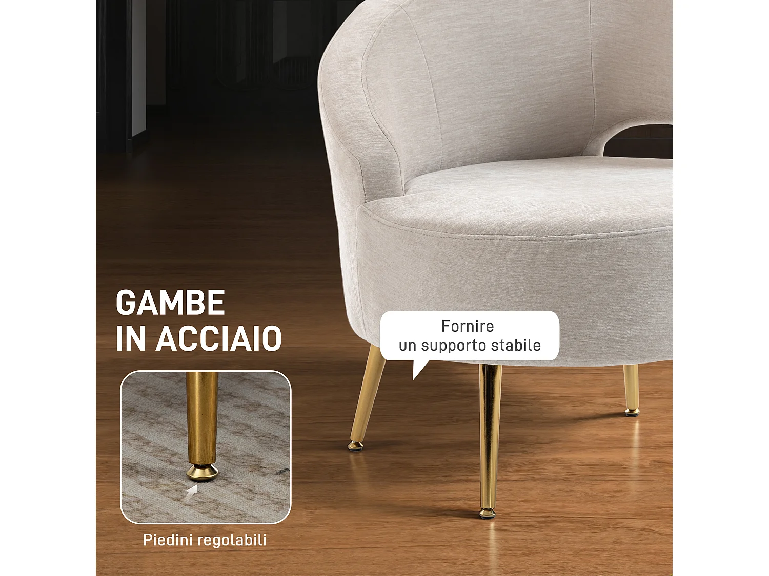 Sedia moderna con schienale ad arco rivestita in chenille bianco crema