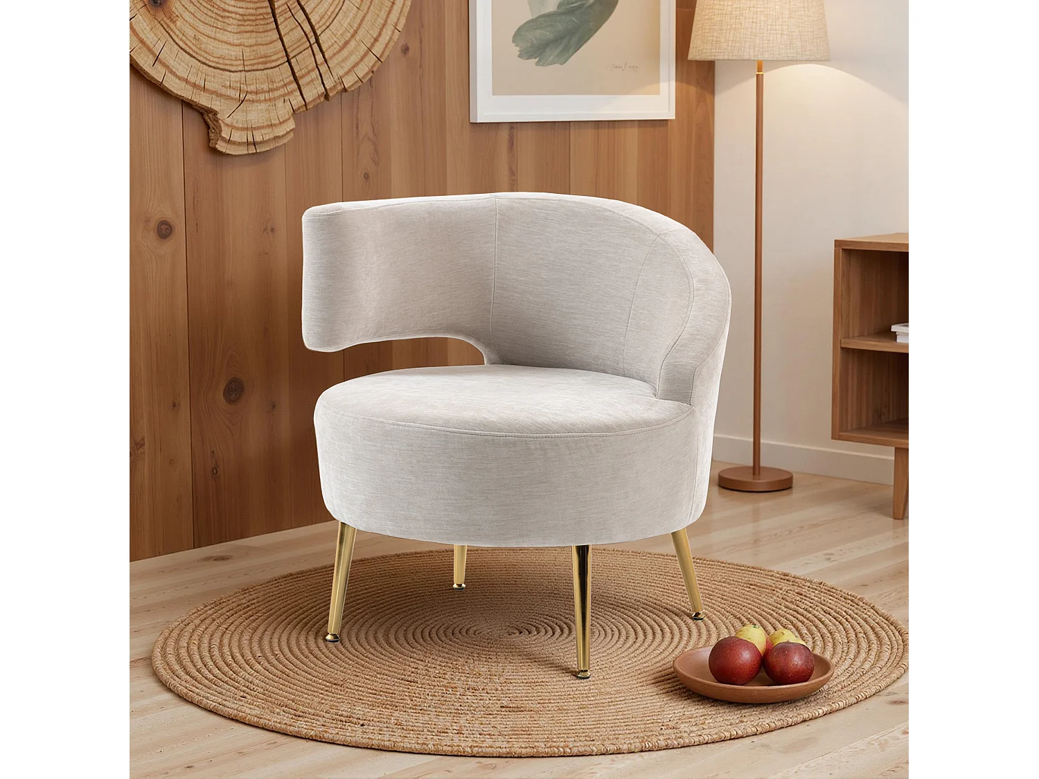 Sedia moderna con schienale ad arco rivestita in chenille bianco crema