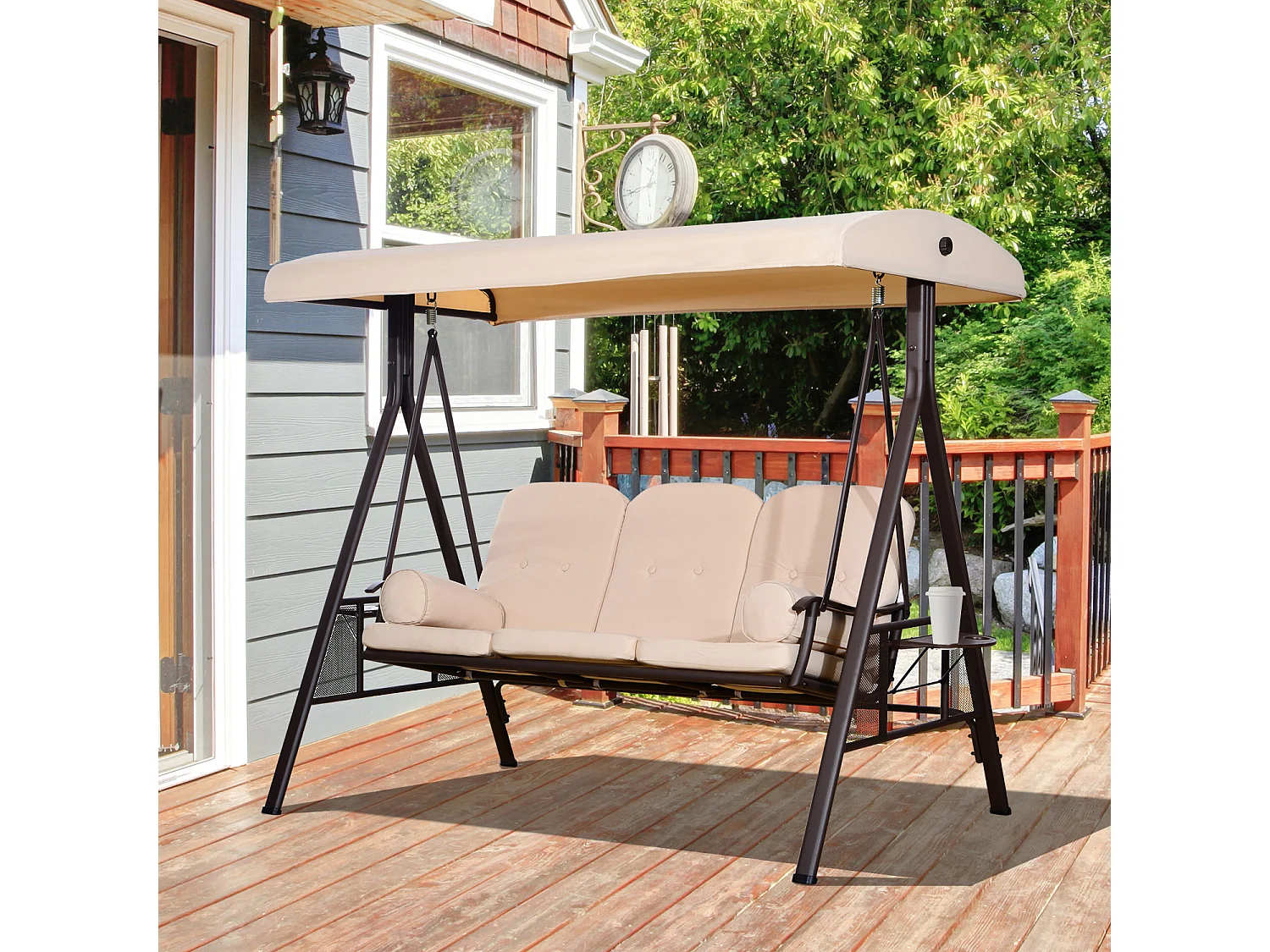 Dondolo 3 posti con tetto regolabile, portabicchieri e cuscini beige