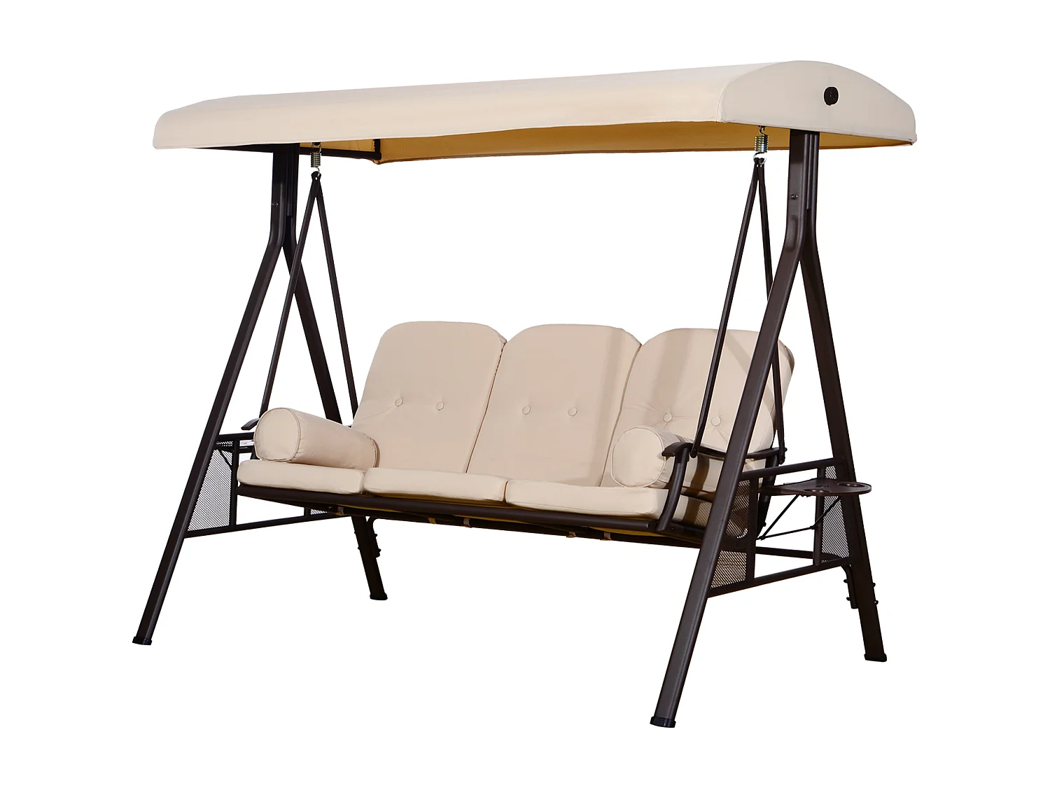 Dondolo 3 posti con tetto regolabile, portabicchieri e cuscini beige