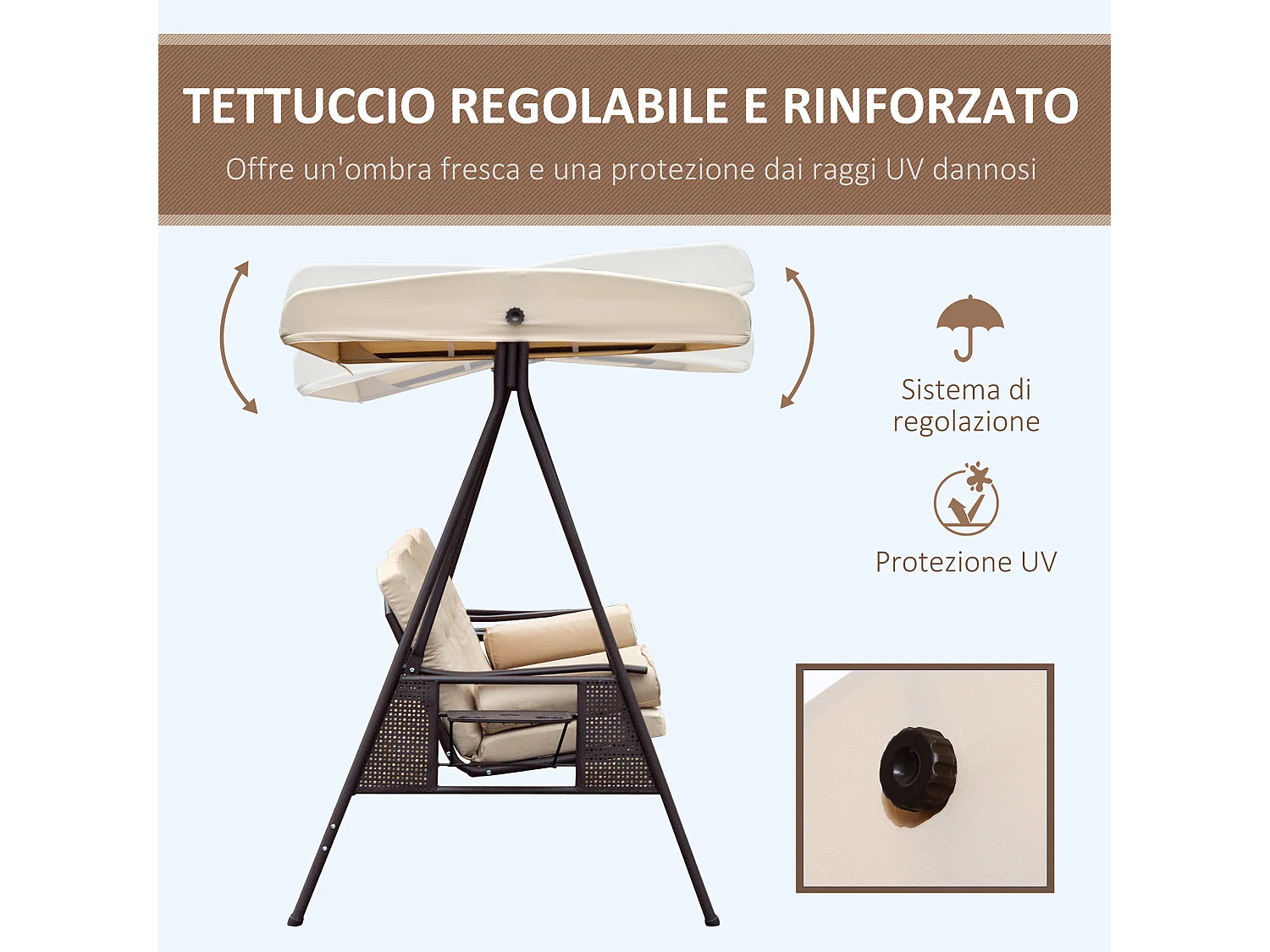 Dondolo 3 posti con tetto regolabile, portabicchieri e cuscini beige