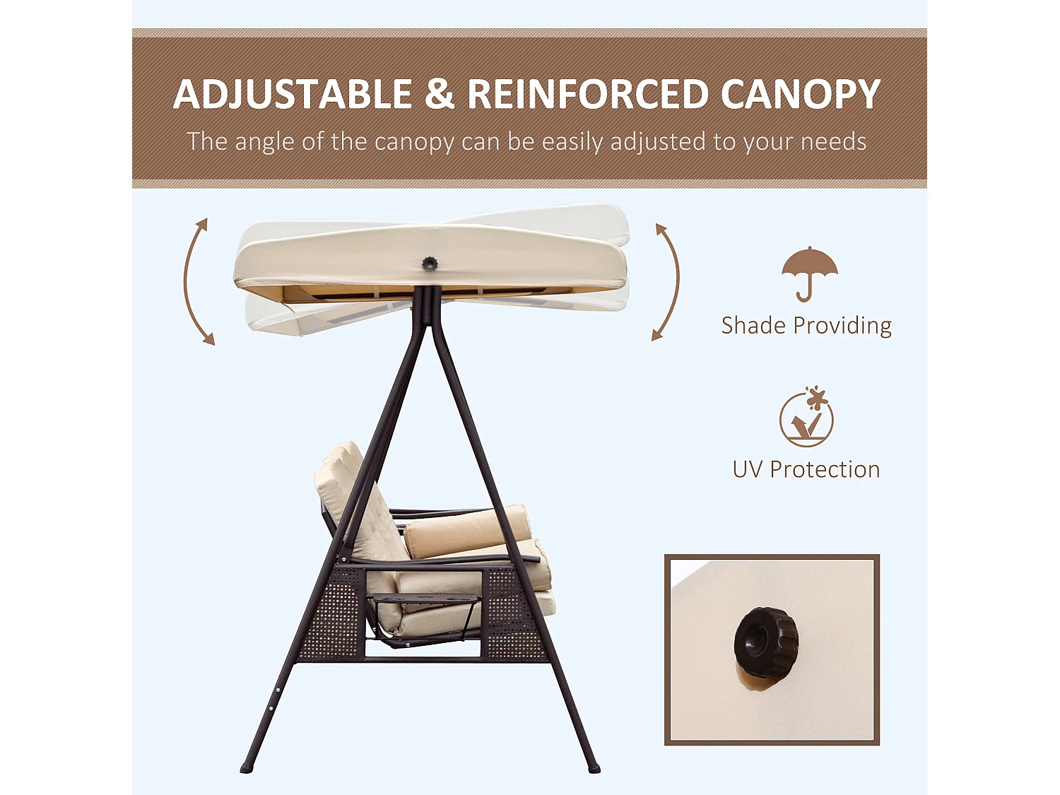 Dondolo 3 posti con tetto regolabile, portabicchieri e cuscini beige