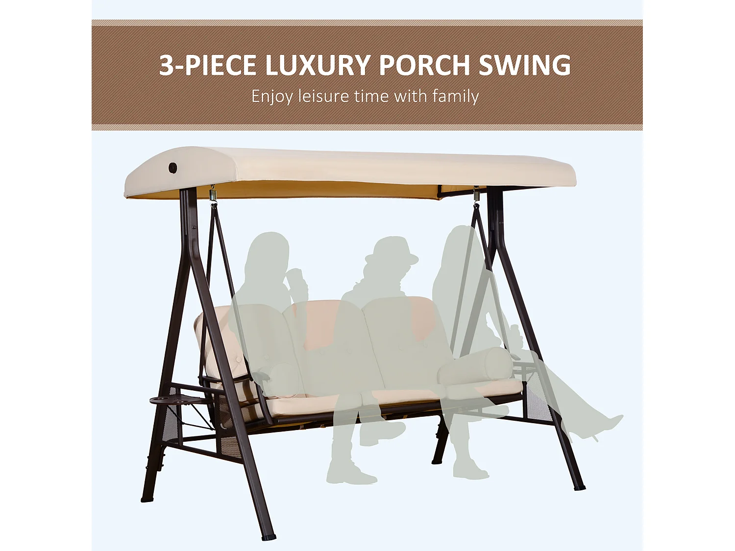 Dondolo 3 posti con tetto regolabile, portabicchieri e cuscini beige