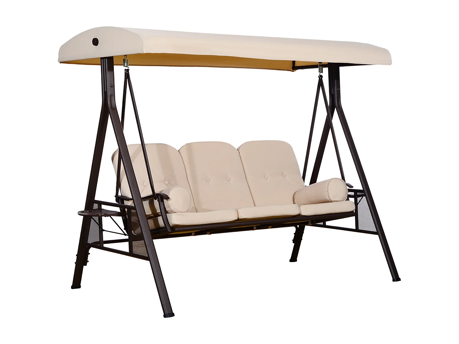 Dondolo 3 posti con tetto regolabile, portabicchieri e cuscini beige