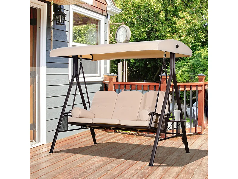 Dondolo 3 posti con tetto regolabile, portabicchieri e cuscini beige