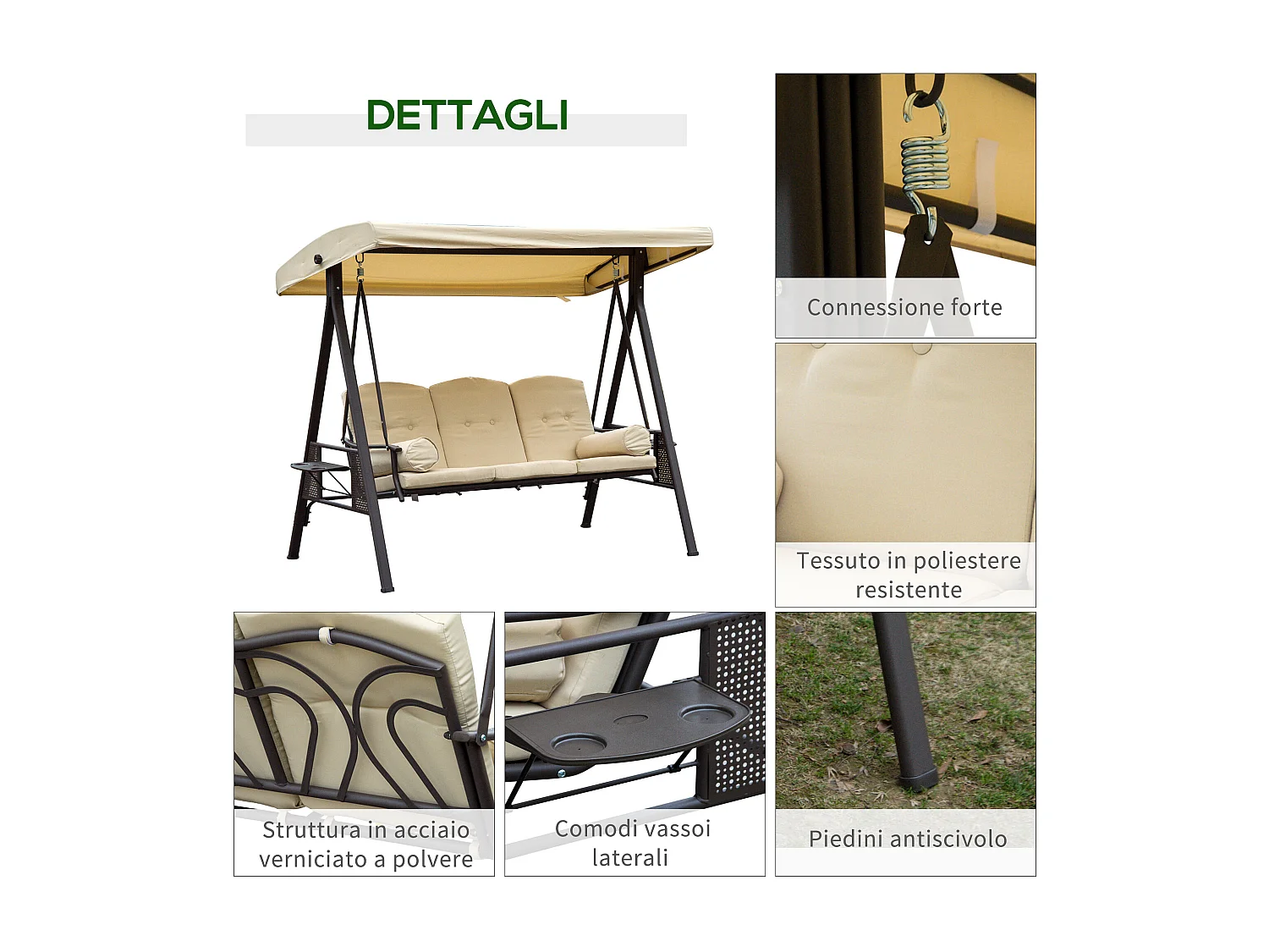 Dondolo da Giardino 3 Posti con Tetto Inclinabile e Cuscini