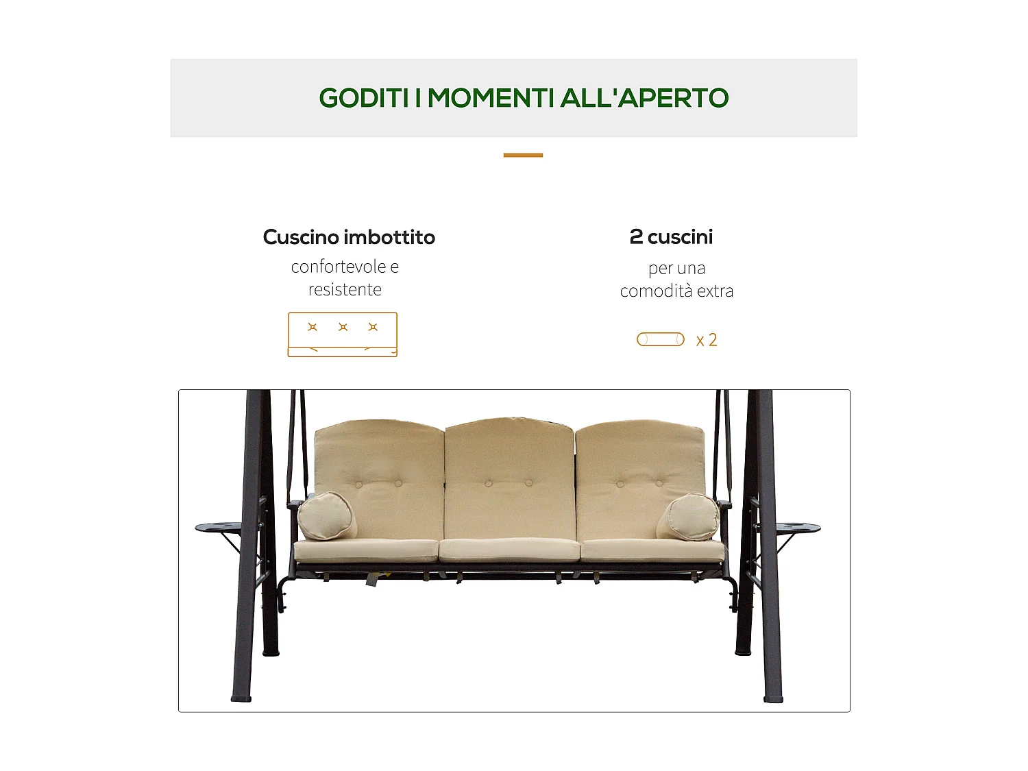 Dondolo da Giardino 3 Posti con Tetto Inclinabile e Cuscini