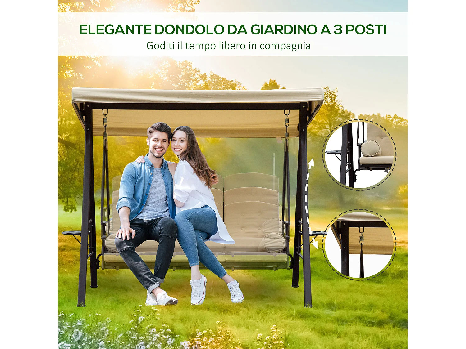 Dondolo da Giardino 3 Posti con Tetto Inclinabile e Cuscini