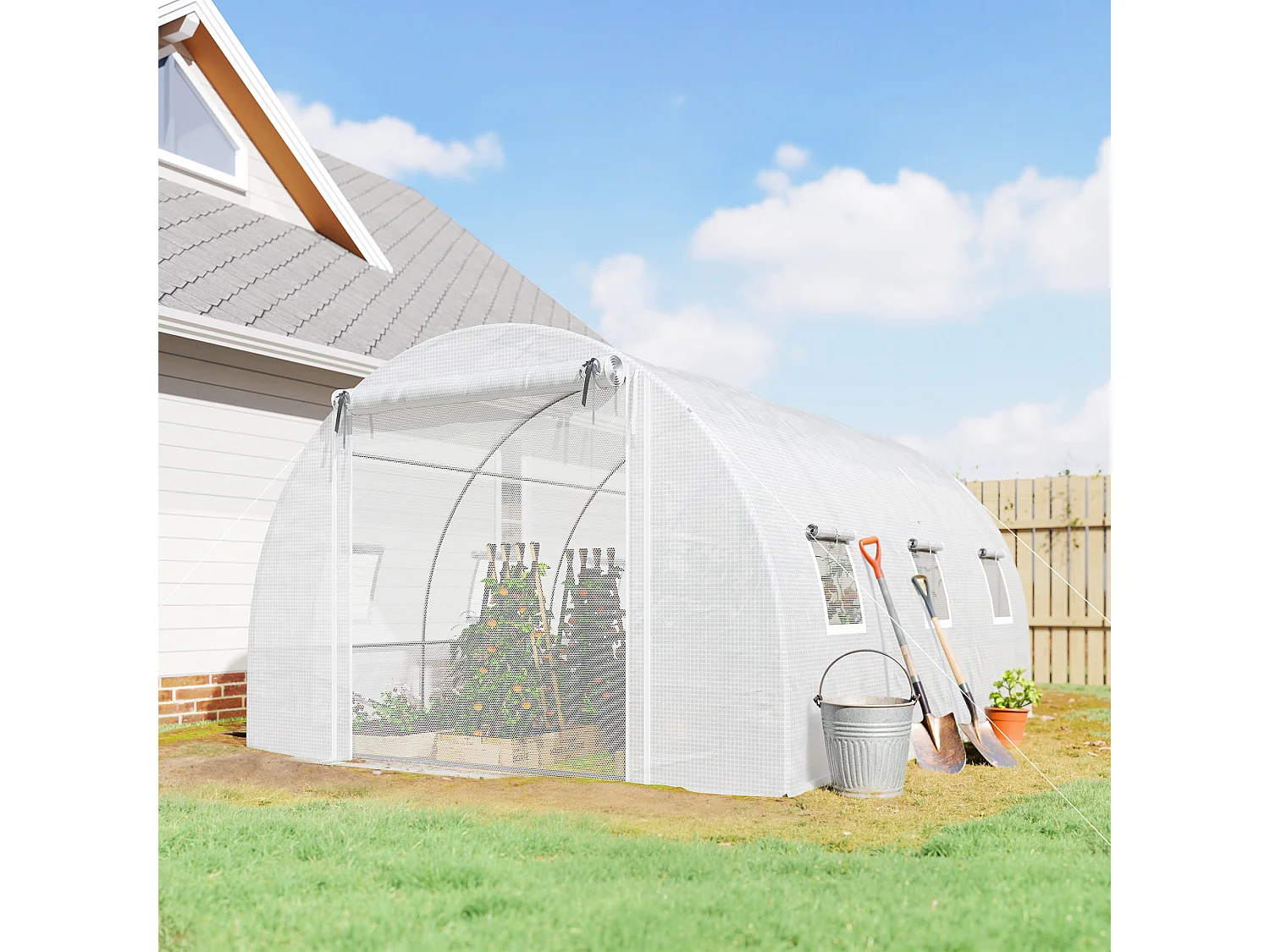 Serra a tunnel con 2 aste rimovibili e porte e finestre a rete bianco