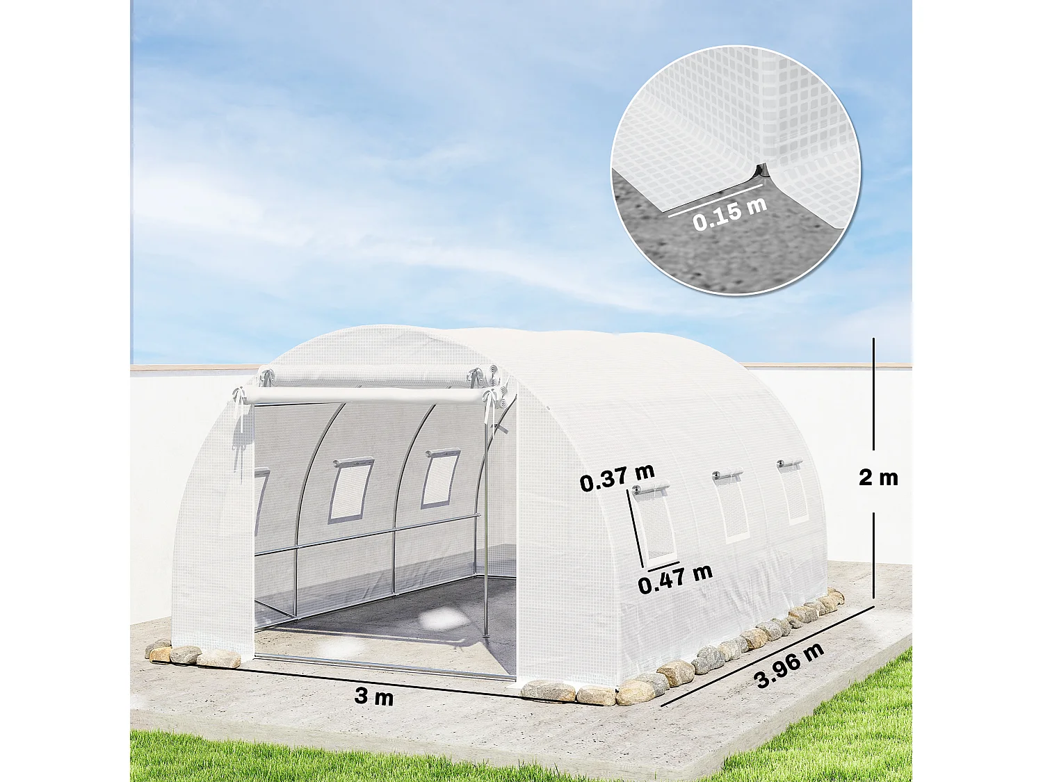 Serra a tunnel con 2 aste rimovibili e porte e finestre a rete bianco