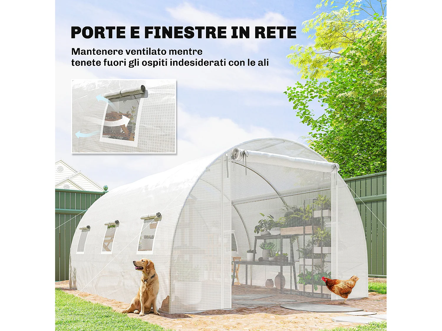 Serra a tunnel con 2 aste rimovibili e porte e finestre a rete bianco