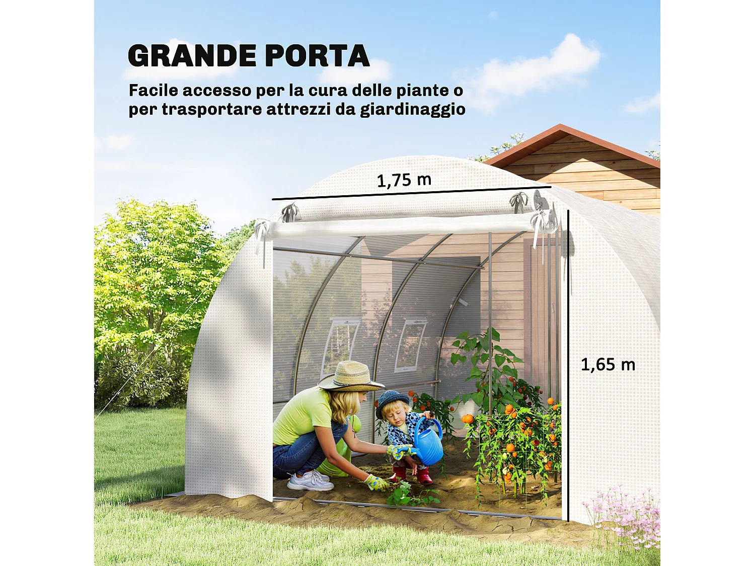 Serra a tunnel con 2 aste rimovibili e porte e finestre a rete bianco