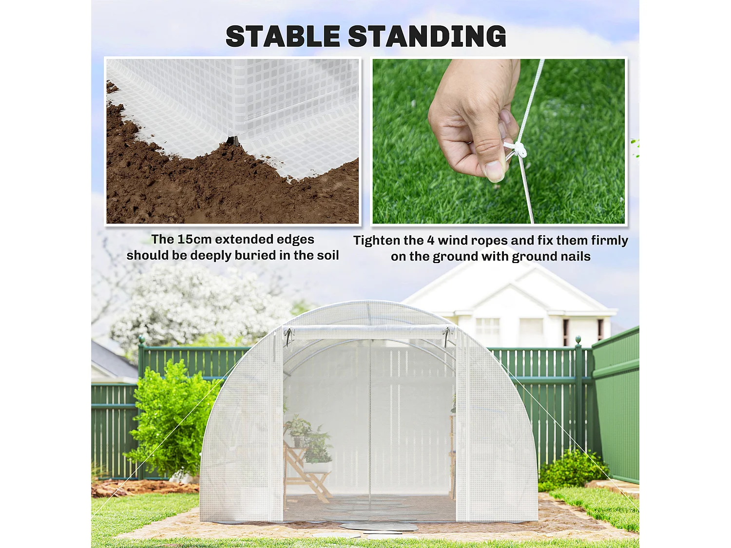 Serra a tunnel con 2 aste rimovibili e porte e finestre a rete bianco