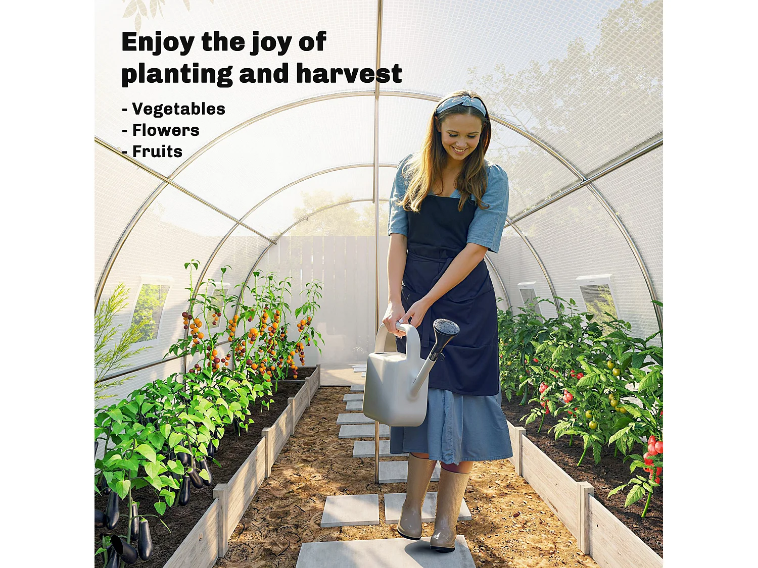 Serra a tunnel con 2 aste rimovibili e porte e finestre a rete bianco