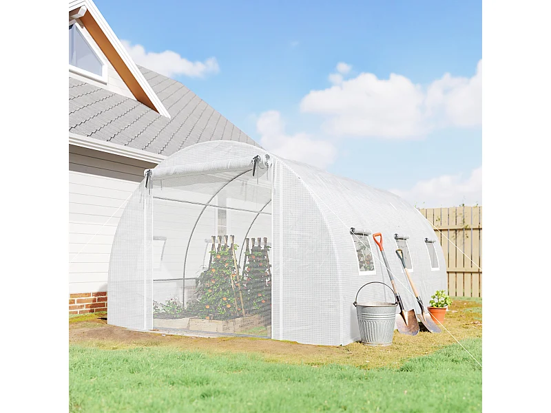 Serra a tunnel con 2 aste rimovibili e porte e finestre a rete bianco