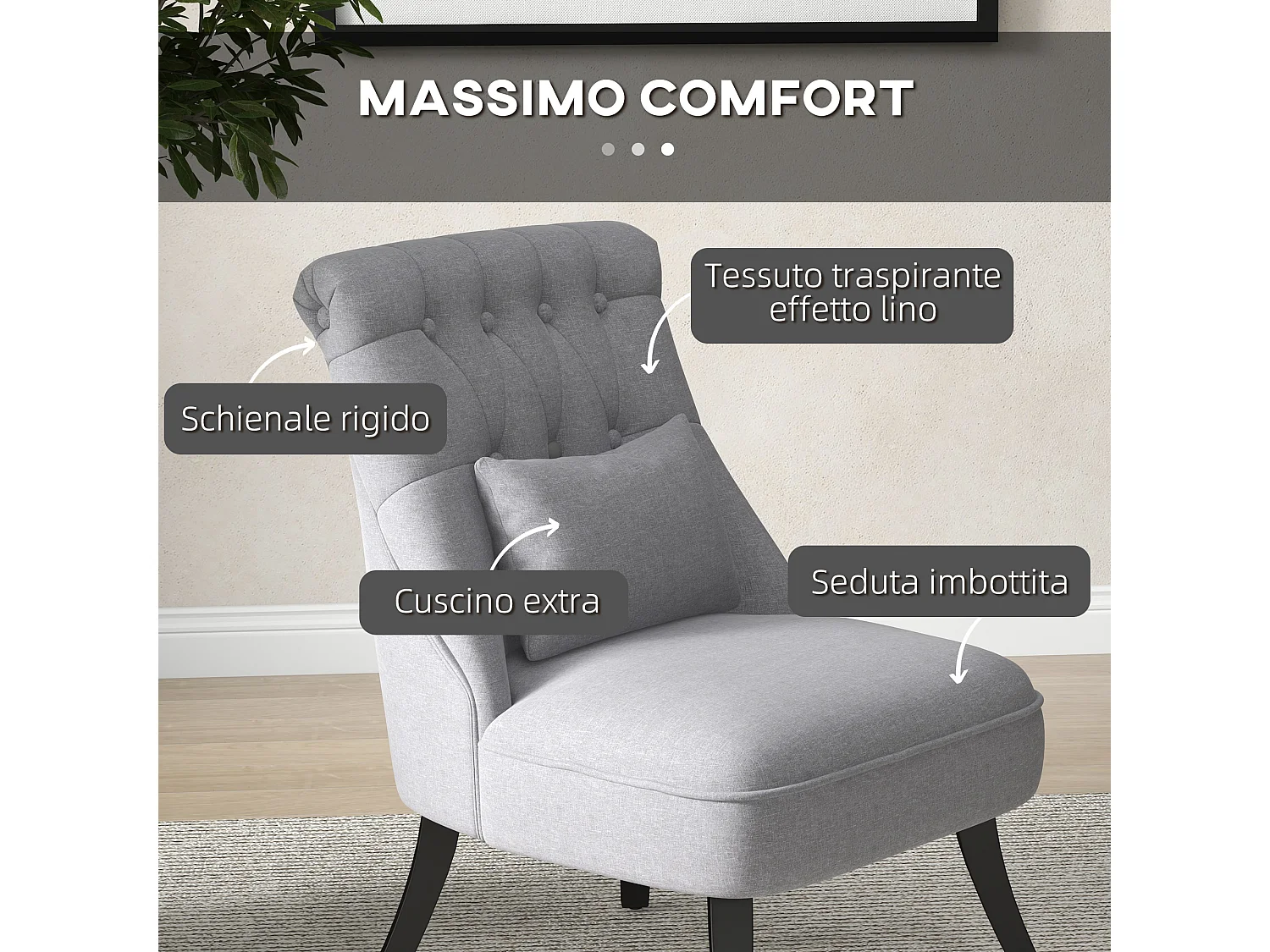 Poltrona da soggiorno vintage con cuscino e piedini antiscivolo grigio