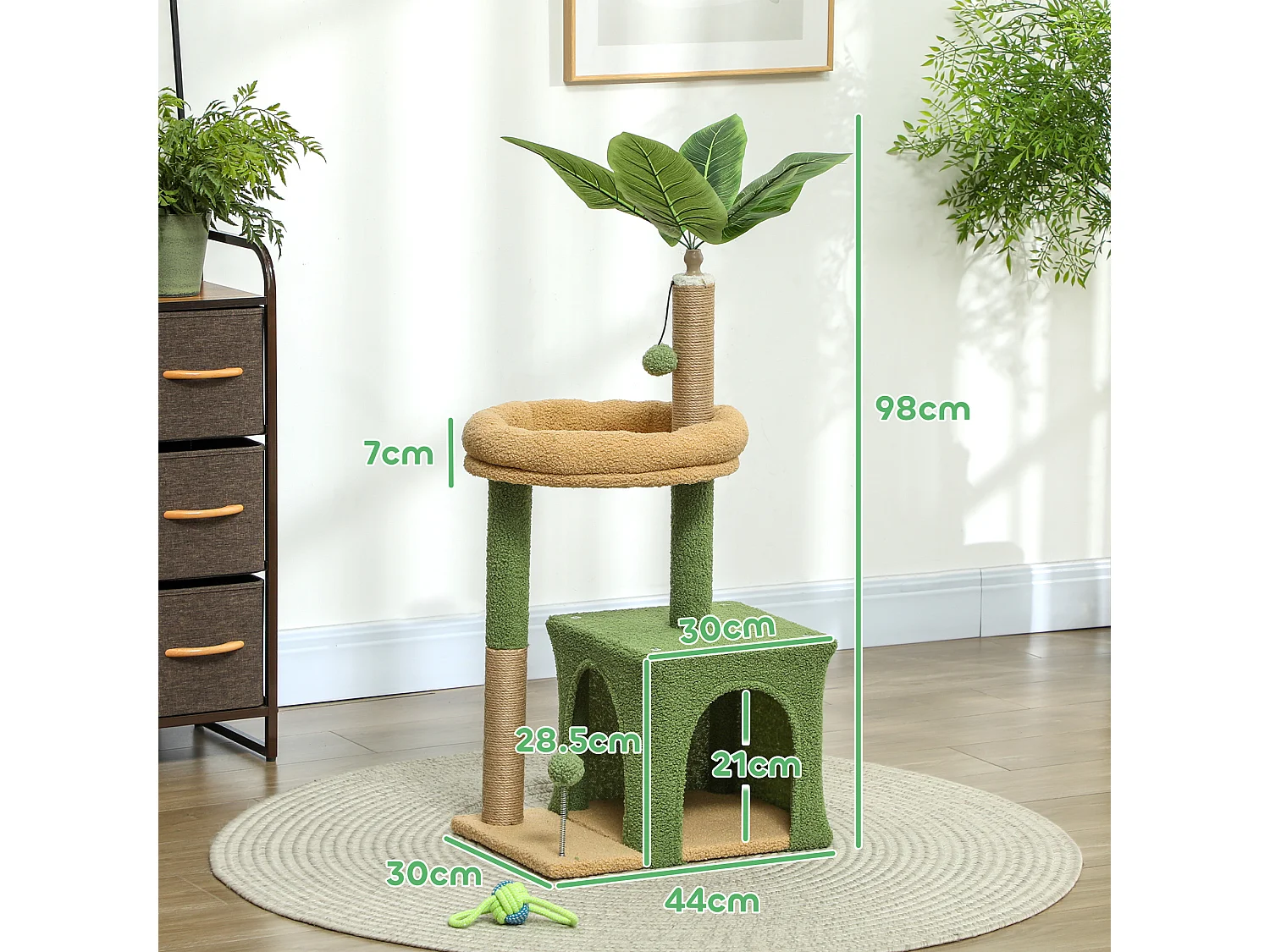 Albero tiragraffi per gatti con casetta e lettino verde e marrone