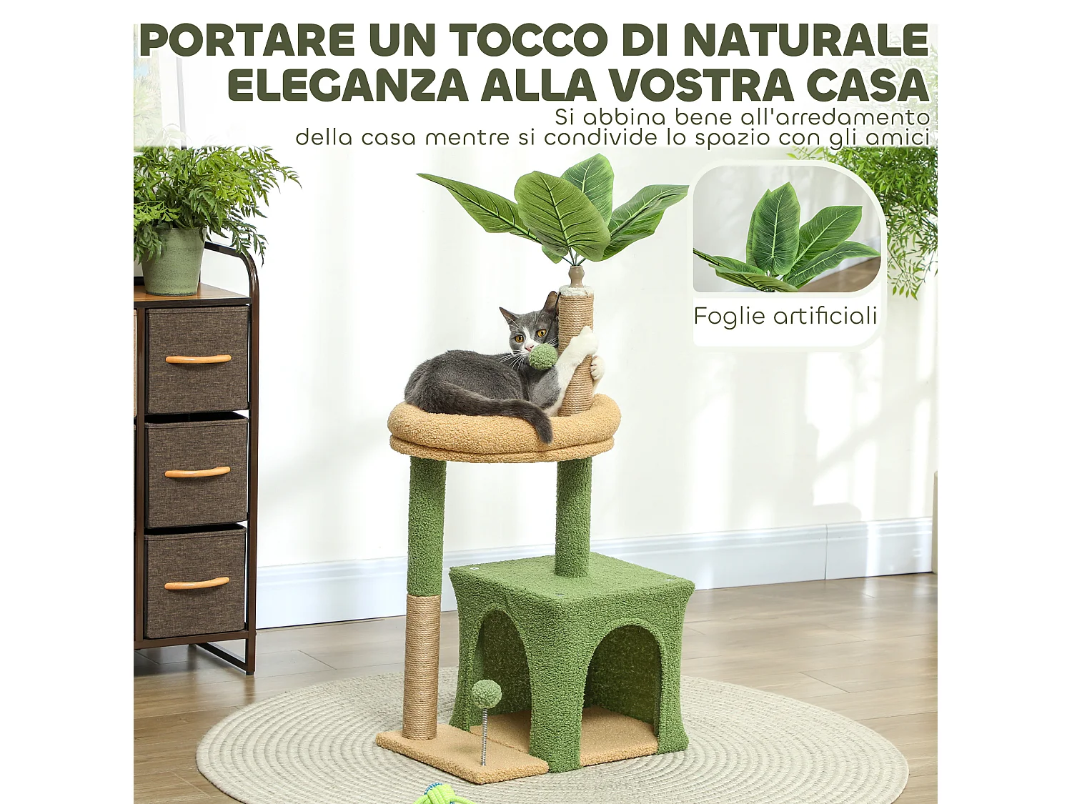 Albero tiragraffi per gatti con casetta e lettino verde e marrone